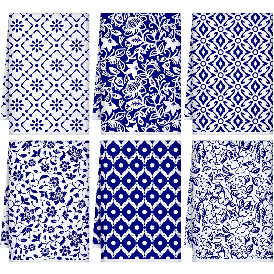 

6 Pcs Kitchen Towels Decorative Set Vintage Bohemian Dish Towels Colorful Ceramics Patterns Hand Washcloths Blue and White Deco