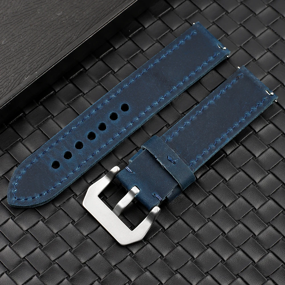 Solid Color Blue Crazy Horse Watch Strap Handmade 22mm Stainless Steel Buckle Replacement Strap For Any Watch