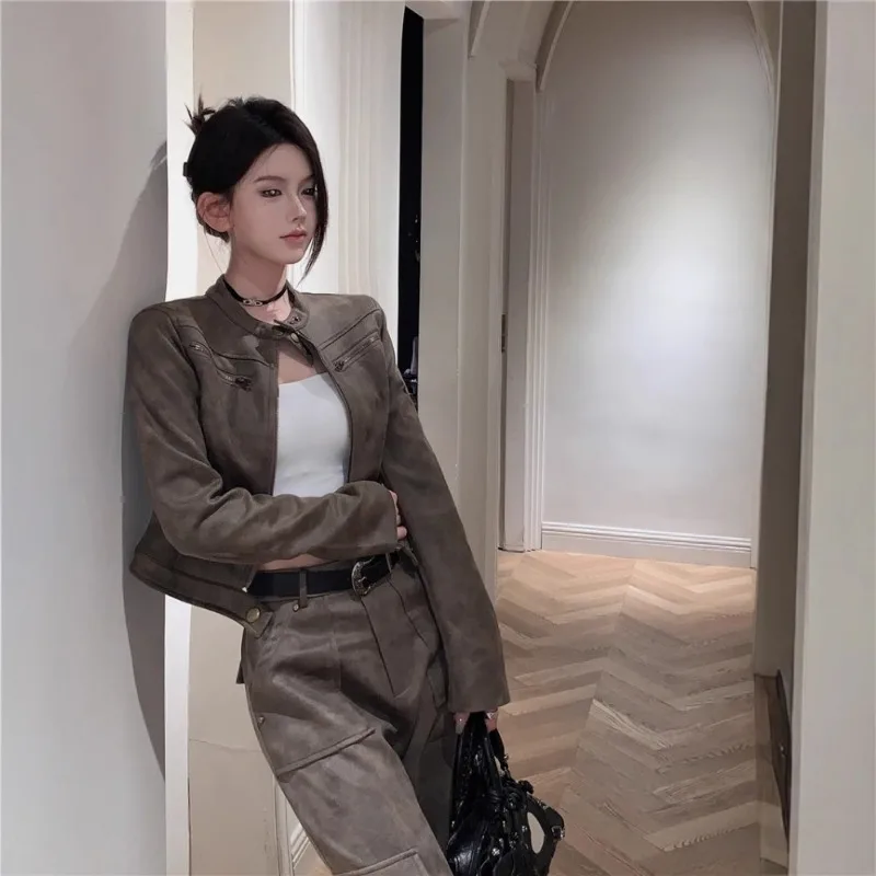 

Ретро-куртка женская мотоциклетная из замши, укороченная, осенне-зимняя, модная, повседневная, однотонная, с воротником-стойкой, с длинными рукавами