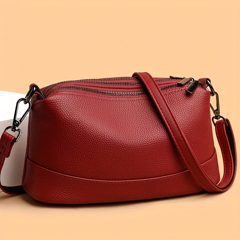 Womwn's Leather Large Capacity Shoulder Bag, Multi-layer Solid Color Crossbody Bag, Zipper Closure, Fashionable Commuting Bags