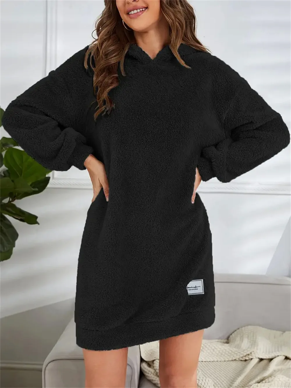 Casual Furry Hooded Long Sleeve Dresses Streetwear Warm Hoodies Dress For Women Autumn Winter Loose Fit Fleece Short Dresses