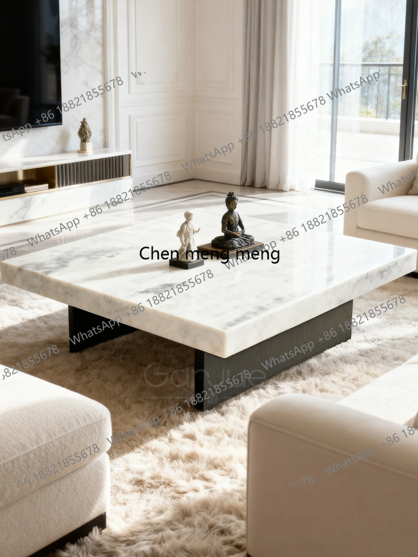 

Кофейный столик из натурального белого камня Snowflake, итальянский элитный импортный столик в стиле современной лёгкой роскоши с подвесной мраморной столешницей.