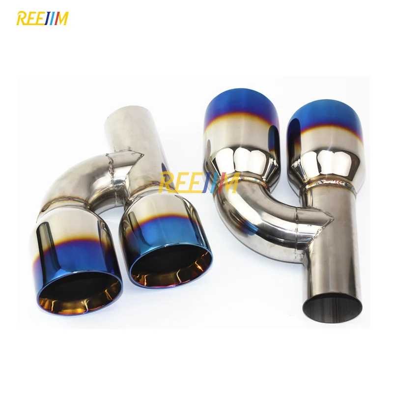 2 PCS H Shape Blue Burnt Dual Universal Exhaust  Tip muffler tip Polished Stainless 60mm In 90mm Out