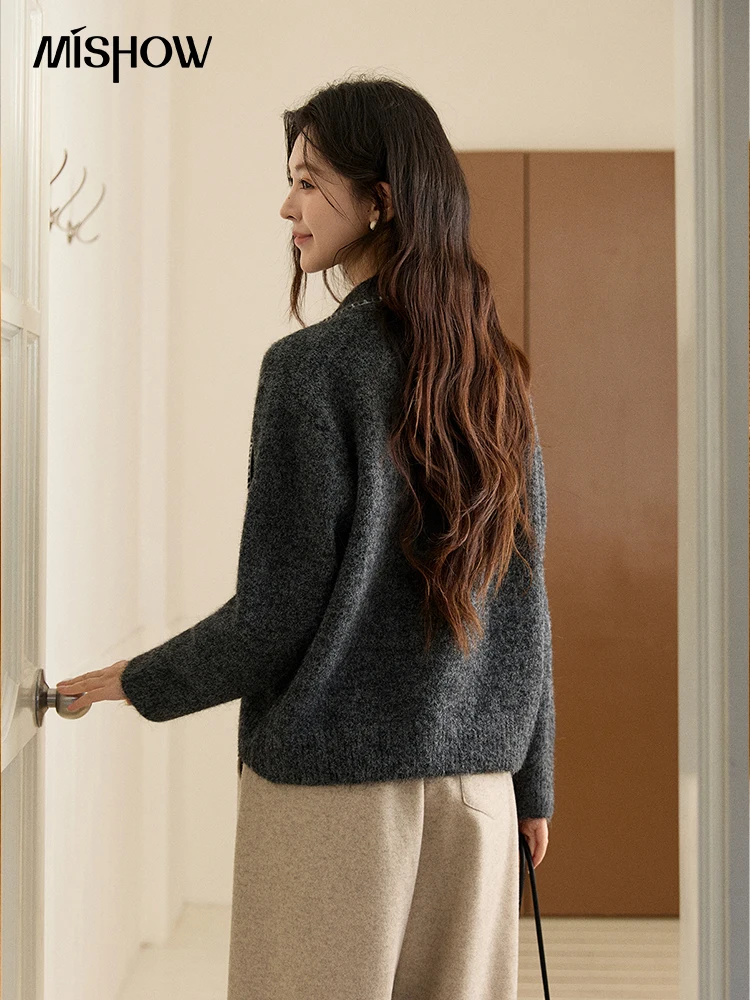 MISHOW 여성용 노란색 니트 스웨터 2025 가을 겨울 리본 칼라 레이스 스플라이싱 탑스 루즈 따뜻한 풀오버 스웨터 MXE94Z2971