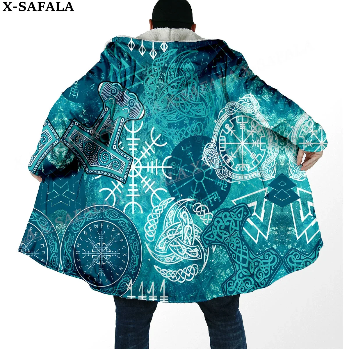 Symbol Tattoo Viking Totem Arts Thick Warm Hooded Cloak Men Overcoat Coat Windproof Fleece Cape Robe Hooded Blanket-14