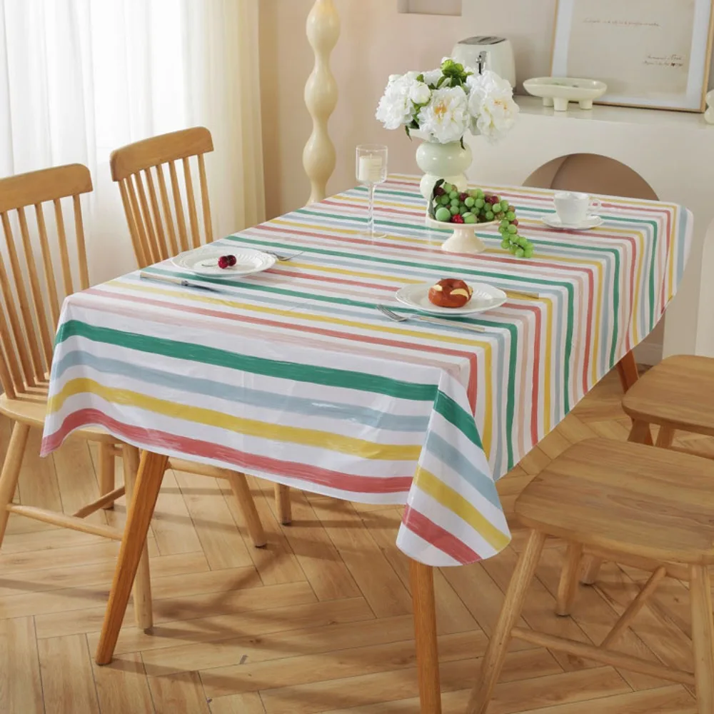 

Easy To Clean PVC Waterproof Tablecloths Oil-proof Pastoral Style Table Cover Stripe Thicker Table Decor Cloth Table Decorations