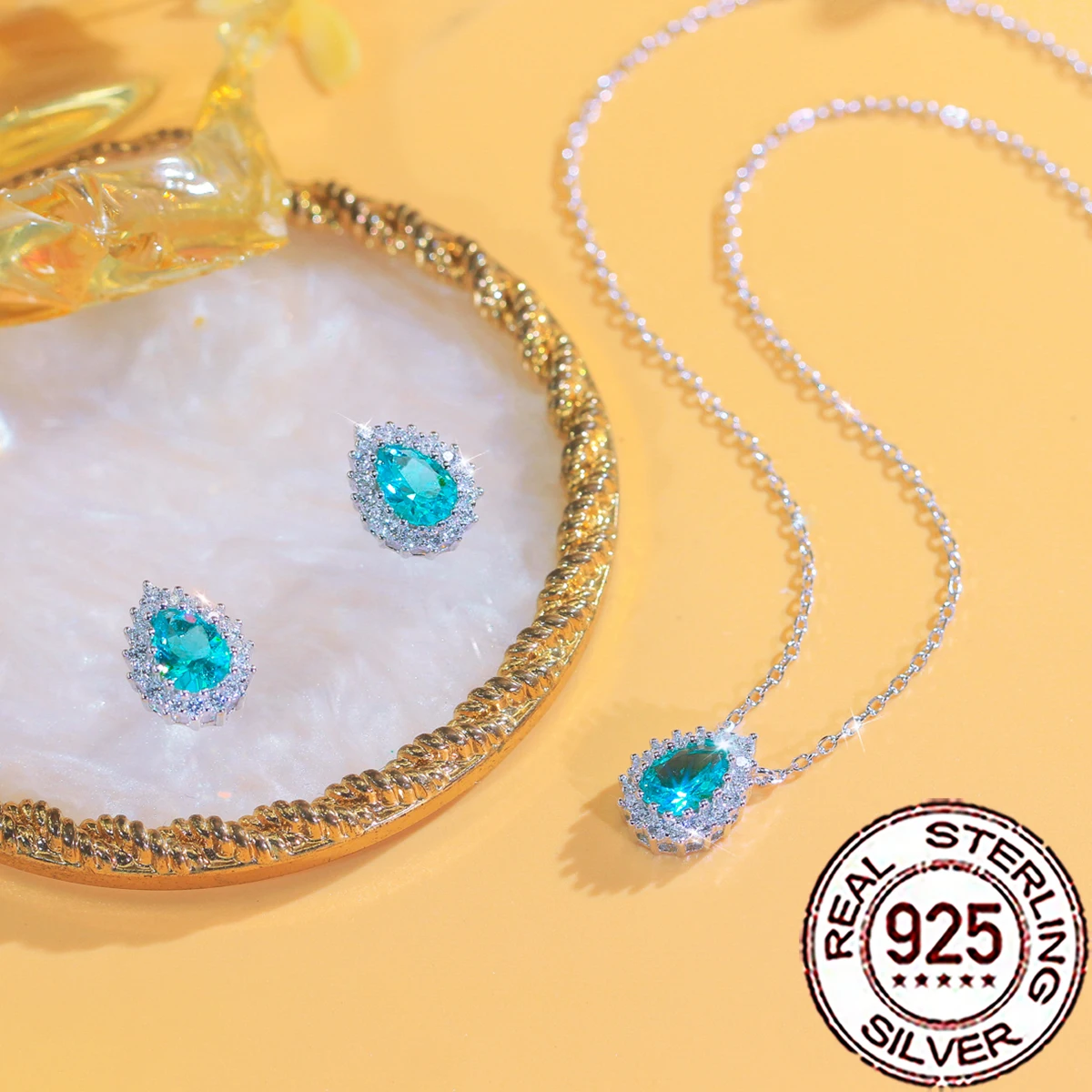 QooLady 925 Silber Luxus Grüner Paraiba-Edelstein und CZ Anhänger Halskette Ohrring-Sets für Damen Hochzeit Party Edelschmuck ST056 – Detail 7