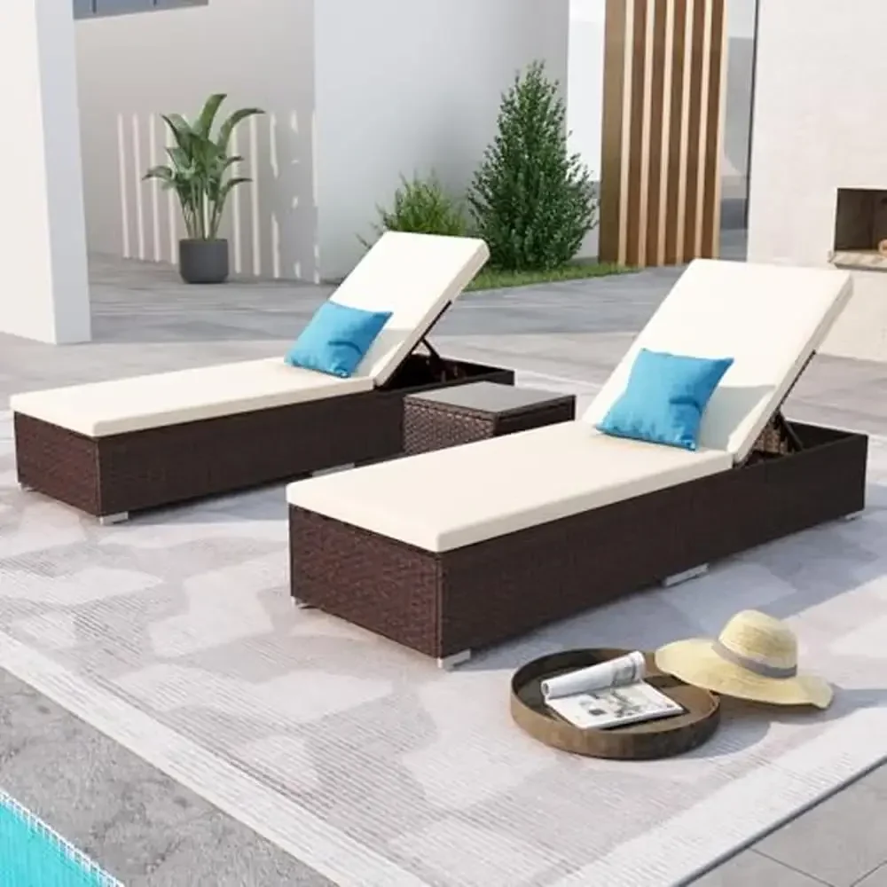 Outdoor Chaise Lounge Set Wicker Pool Chairs Table Mixed Brown All-Weather Patio Furniture Adjustable Backrest Easy Assembly