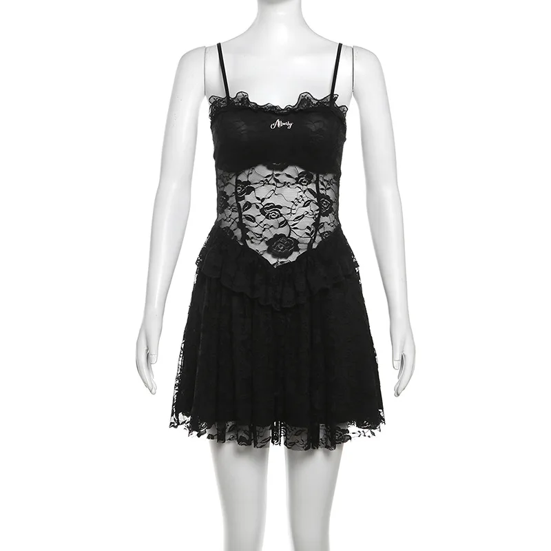 Mini robe Vintage en dentelle foncée, bretelles Spaghetti, Coquette Y2K, Sexy, transparente, robe de soirée gothique pour femmes, Slim, robes de Club, nouvelle collection 2025