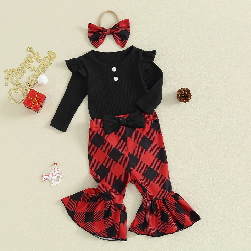 

Toddler Baby's Clothes Girls Fall Outfit Long Sleeve Romper with Plaid Flare Pants and Headband Children's Clothing Set