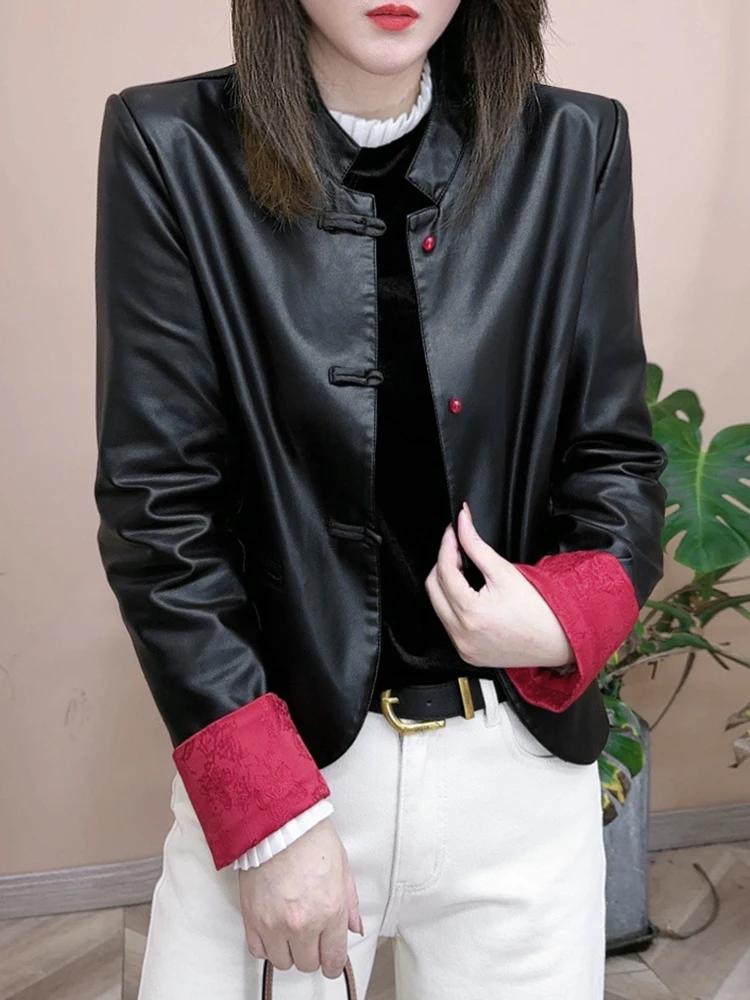 Nuova Giacca in Pelle Cinese da Donna, Design Versatile per il Pendolarismo, Manica Lunga, Vestibilità Regolare, Novità Autunnale