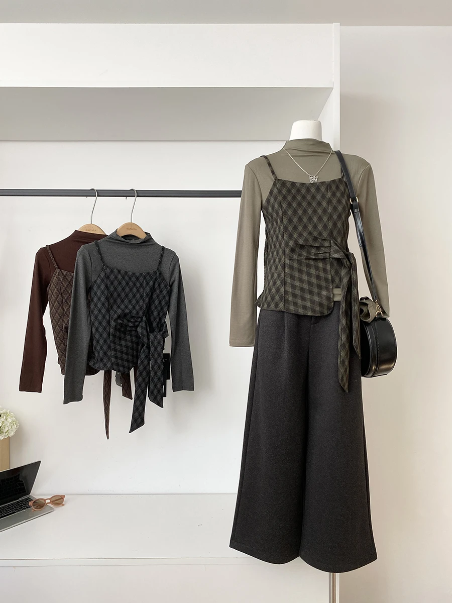 

Retro Korean Style Plaid Halter Vest Slim Fit High Collar T-Shirt Women's Fashion Autumn Winter New Arrival Commute Versatile...