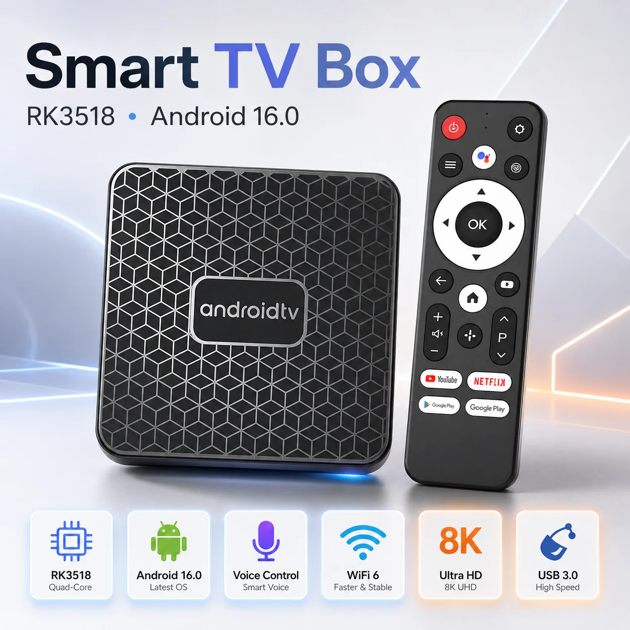 

RK3518 Android 16.0 Smart TV Box WiFi 6 8K UHD Voice Control USB 3.0 Quad Core Streaming Media Player Set Top Box with Remote