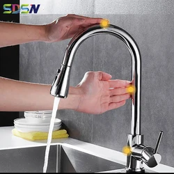 Chrome Touch Kitchen Faucets with Pull Down Hot Cold Kitchen Sink Mixer Tap Rotation Kitchen Fixture Smart Sensor Kitchen Faucet