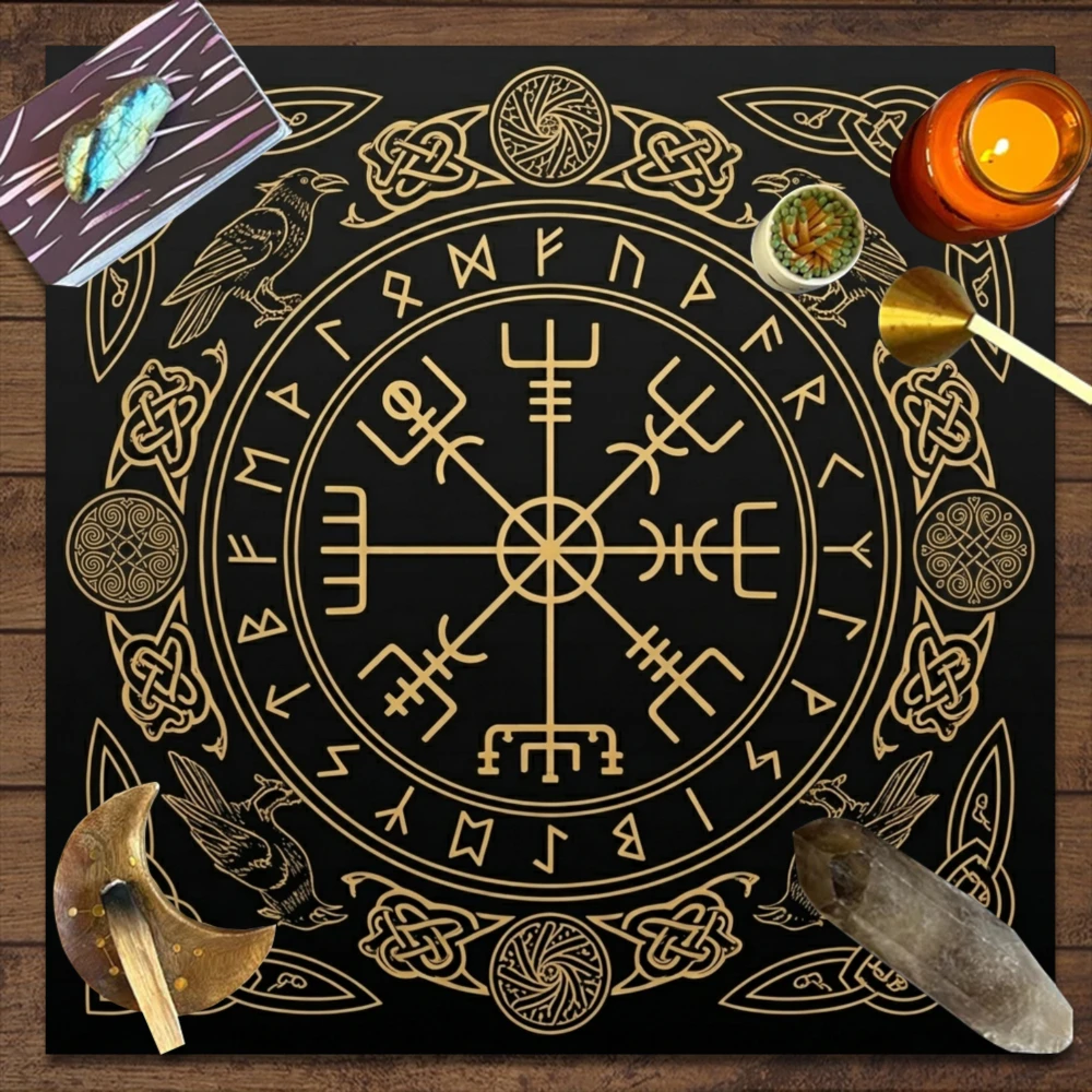 1pc 2D‑Printed Party Tablecloth, Vintage Mystic Black‑gold Nordic Viking Style, Central Compass, Ancient Runes
