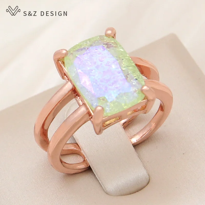 S&Z DESIGN New Fashion Rectangle Ice Crack Crystal Adjustable Rings For Women Wedding 585 Rose Gold Color Stylish Jewelry Gift