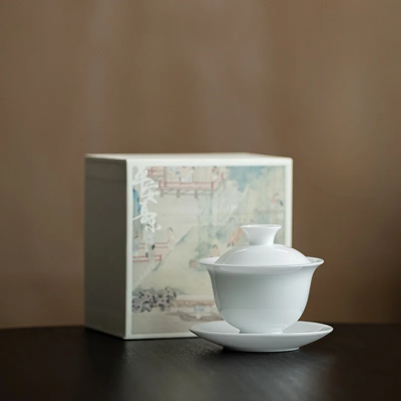 

Ice Jade Porcelain Exquisite Three-way Cover Bowl White Porcelain Tea Bowl Large Household Kung Fu Tea Set Gift Ceramic Teacup