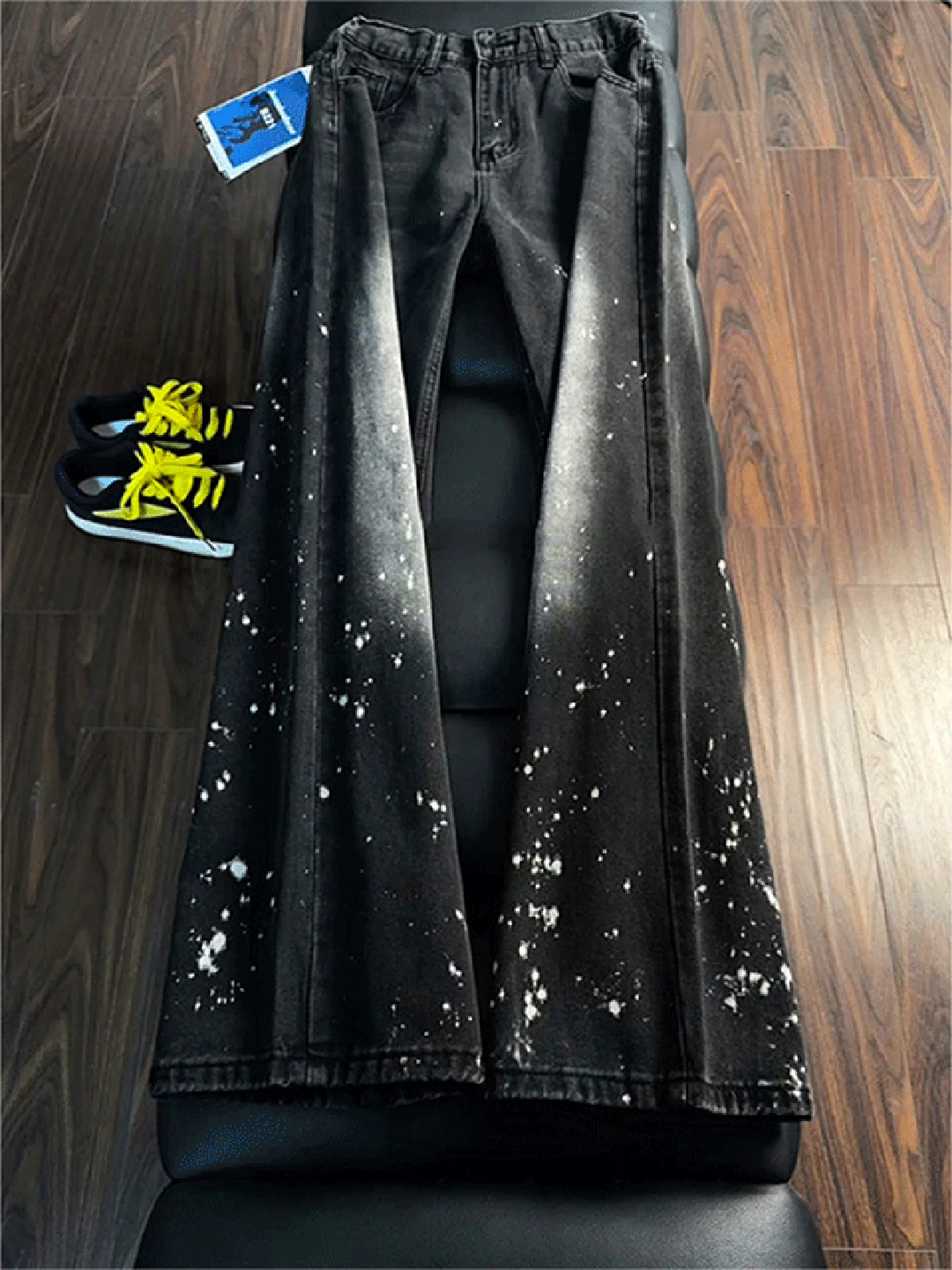 

Cleanfit Men's Distred Straight Leg Jeans Ink Splatter Paint Point Bend Knife American High Street Vibe Wear Resistant