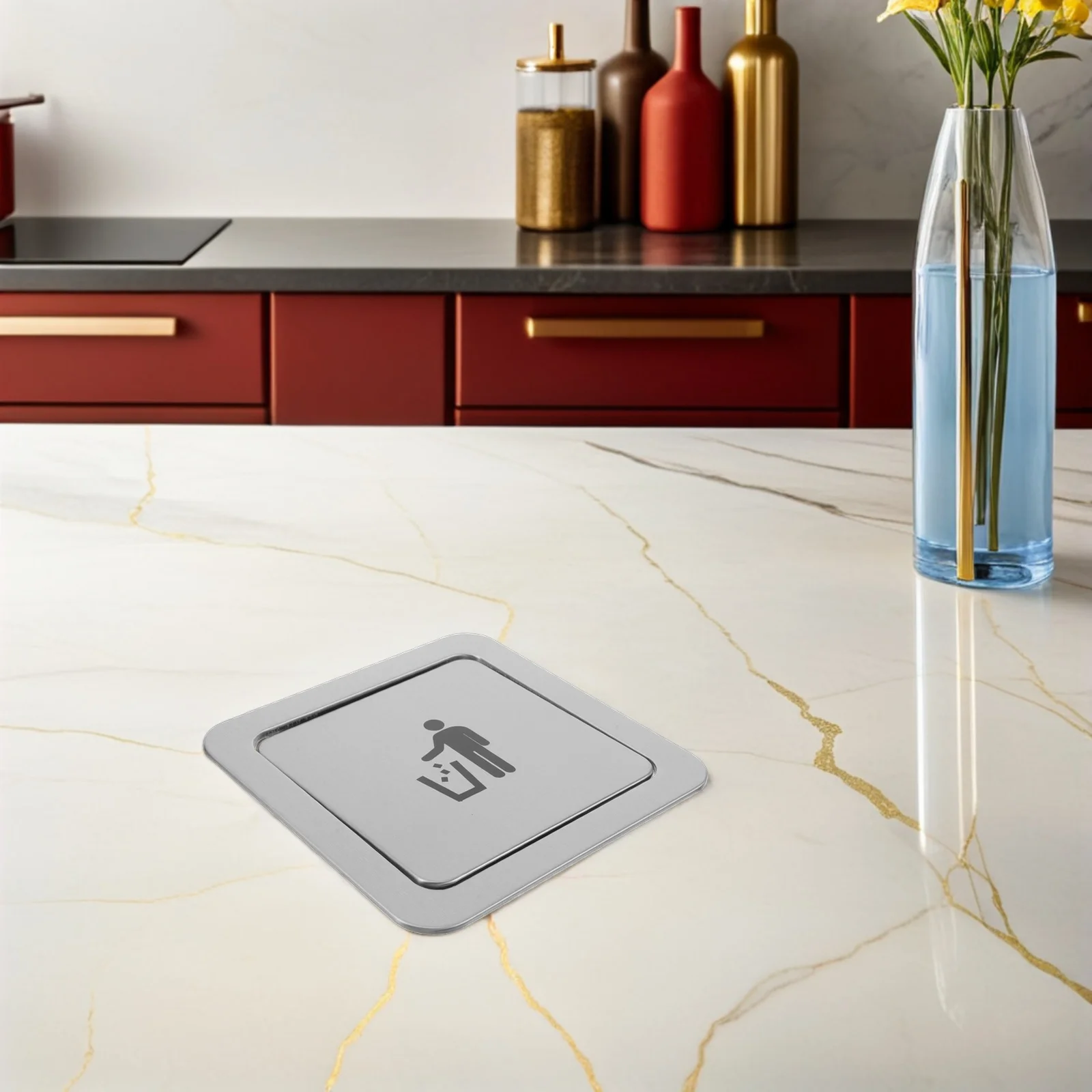 

Встроенная крышка мусорного бака для отверстия столешницы 19-21 см, квадратная вставная крышка мусорного бака из нержавеющей стали, распашной клапан, встраиваемый