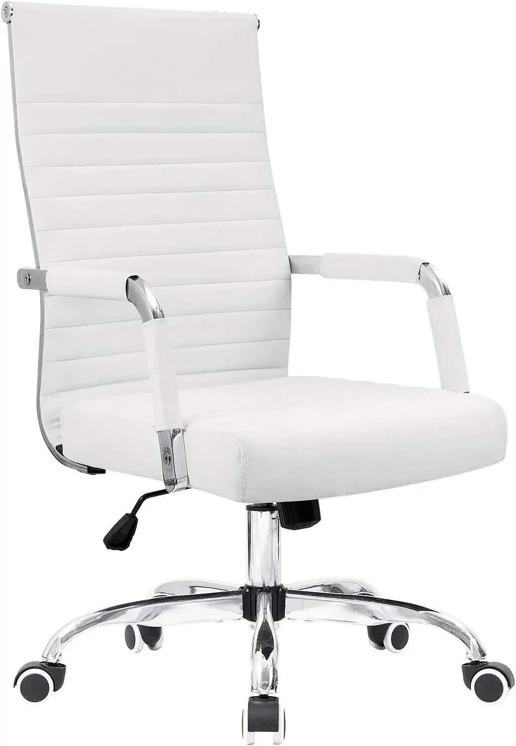 Ribbed Office Desk Mid Back Computer Chair Height Adjustable Conference Executive Task Swivel PU Leather (White)