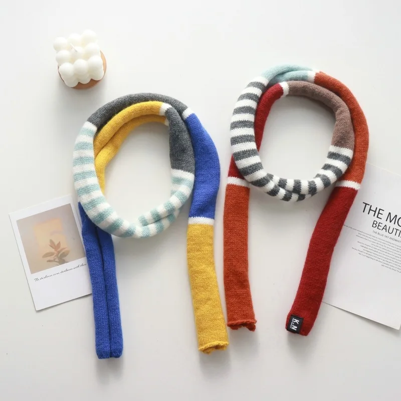Colorful Striped Thin Narrow Long Wool Small Scarf Women's Autumn and Winter College Atmosphere Blended Wool Sausage Scarf