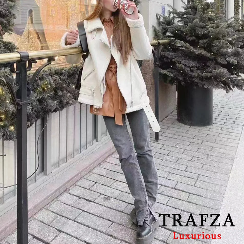 TRAFZA Casual Rabbit Fur Leather Jackets Women Long Sleeve Zipper Sashes Long Coats Fashion 2024 Autumn Winter Thick Luxury Coat