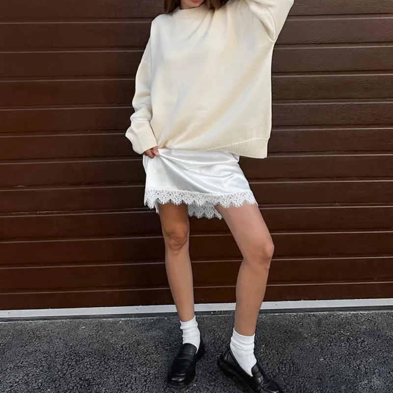 Tuularose blanc dentelle jupe femmes mode dentelle Patchwork nouvelle jupe en Satin été élégant fête Look banlieue Chic femme jupe