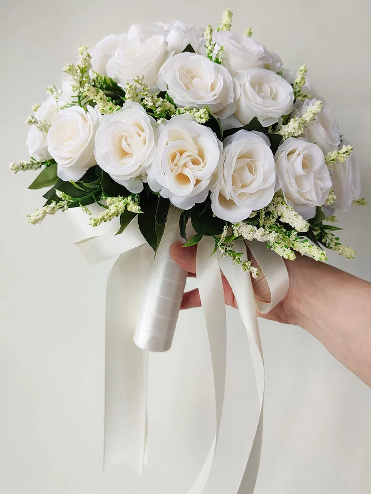 신부를위한 흰색 웨딩 부케 신부 들러리 실크 장미 인공 꽃 Boutonniere Mariage 꽃다발 웨딩 액세서리 코사지