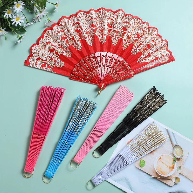 Vintage Folding Fan Chinese Style Dance Performance Hand Fans Gold Powder Plastic Fan Art Craft Gift Wedding Party Home Decor