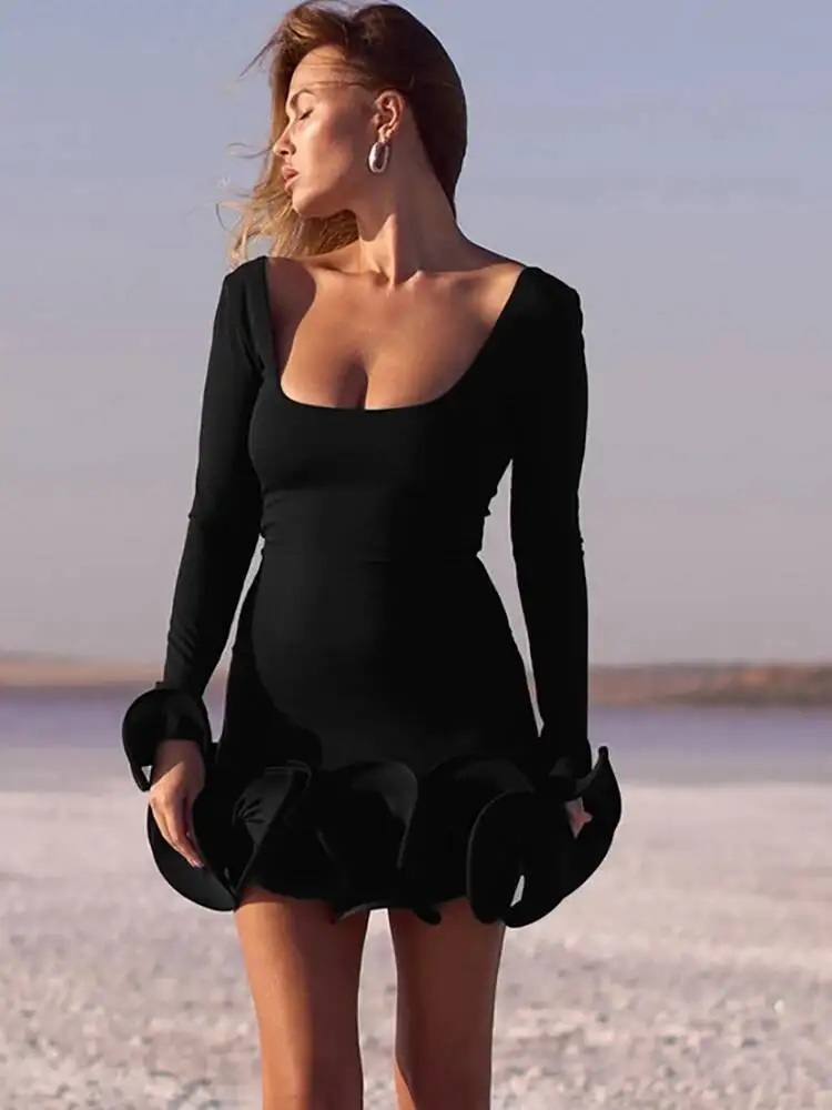 JULISSA MO Sexy Square Collar Ruffle Mini Dress Women Red Backless Long Sleeve Dress Autumn Skinny Elegant Party Club Dress 2025