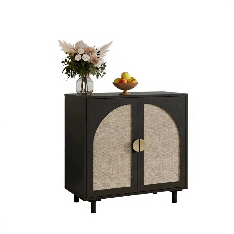 Black rattan side cabinet 2 doors rattan door style wooden locker coffee bar living room kitchen corridor