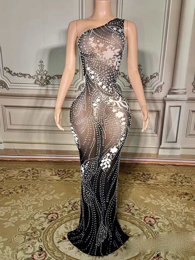 Robe élastique à épaules inclinées, strass de haute qualité, Sexy, nouvelle mode, vêtements personnalisés pour femmes, 2025