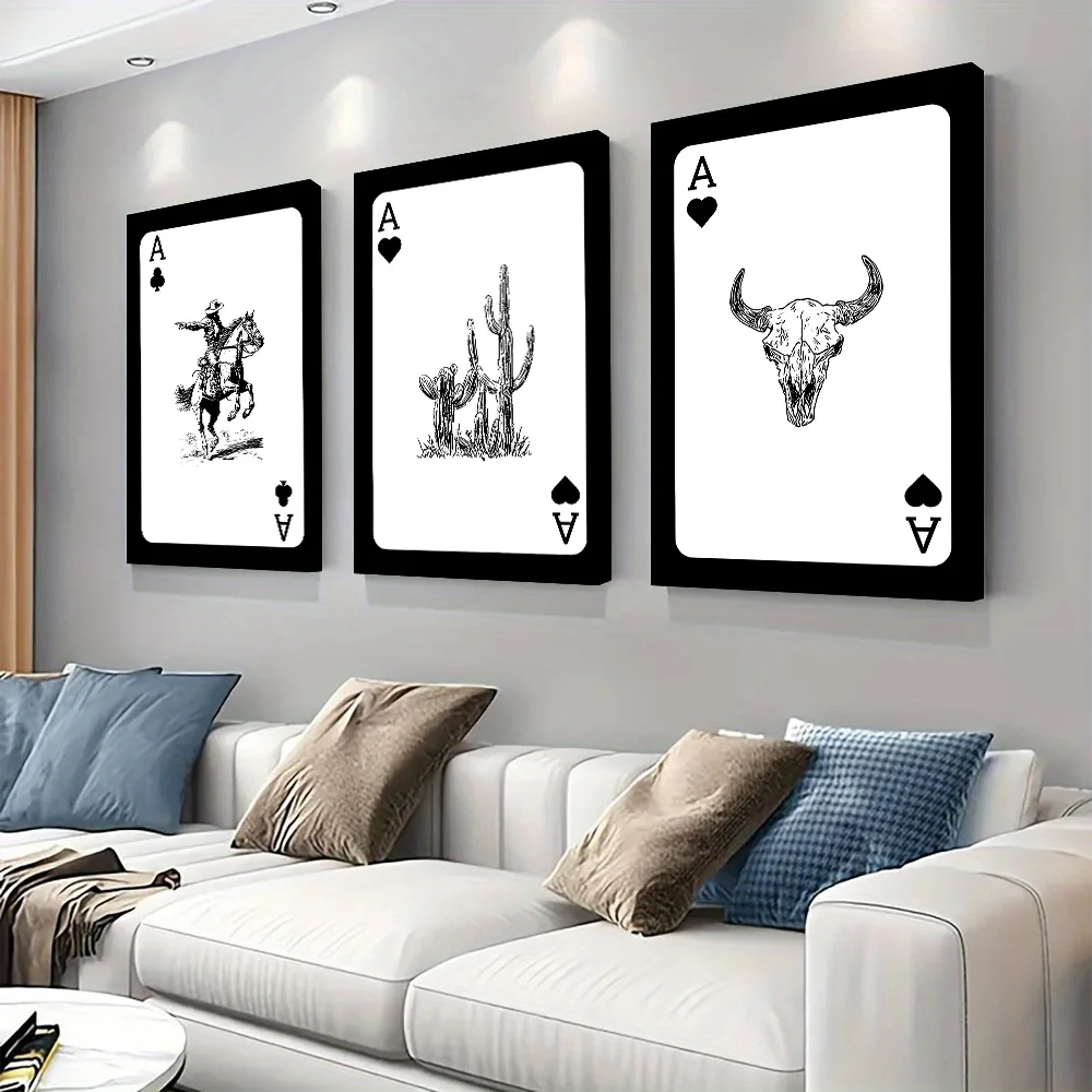3-Piece Set of American Western Style Spades A Cowboy Riding Decoration Painting Living Room Entrance Frameless Canvas Hanging P