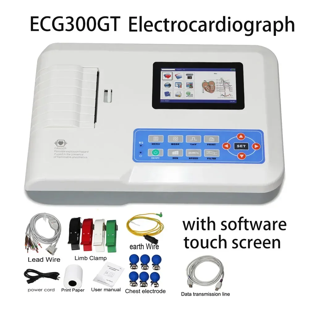 10,1-дюймовый сенсорный экран цифровой электрокардиограф ECG300GT, 3-канальный 12-канальный ЭКГ-монитор с программным принтером
