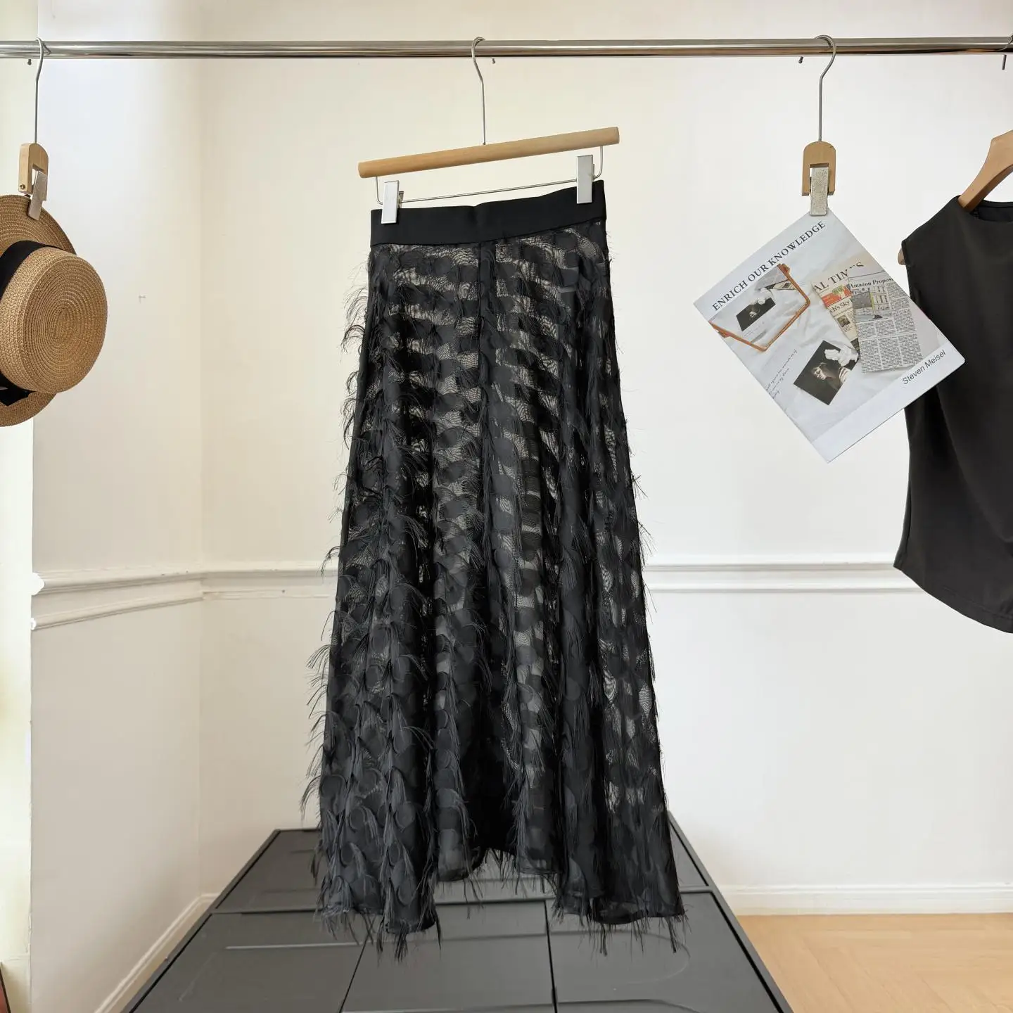 Nordic Design Heavy Embellished Feather Tassel Mid-Length Slimming Skirt for Women High Waist A-Line Skirt Summer 2026