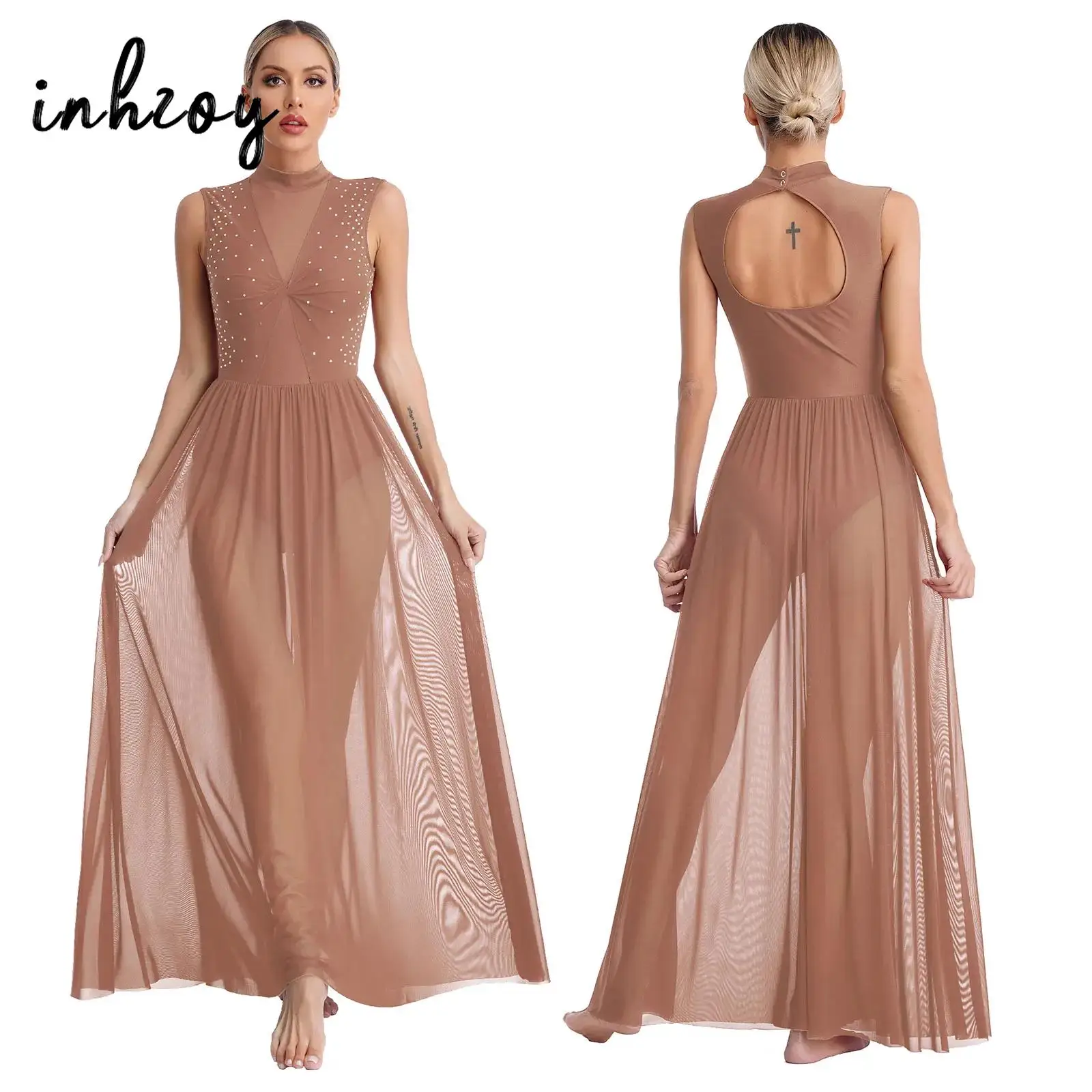 

Womens Shiny Rhinestone Lyrical Dance Dress Stage Performance Ballet Gymnastics Leotard Costume Sheer Mesh Overlay Maxi Dresses