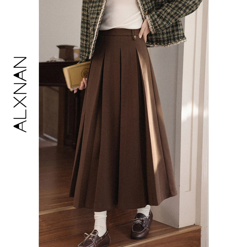 

ALXNAN Coffee Pleated Long Skirt 2026 Elegant Vintage High Waist Casual Office Lady Skirts Fashion Women's Clothing QYM002371