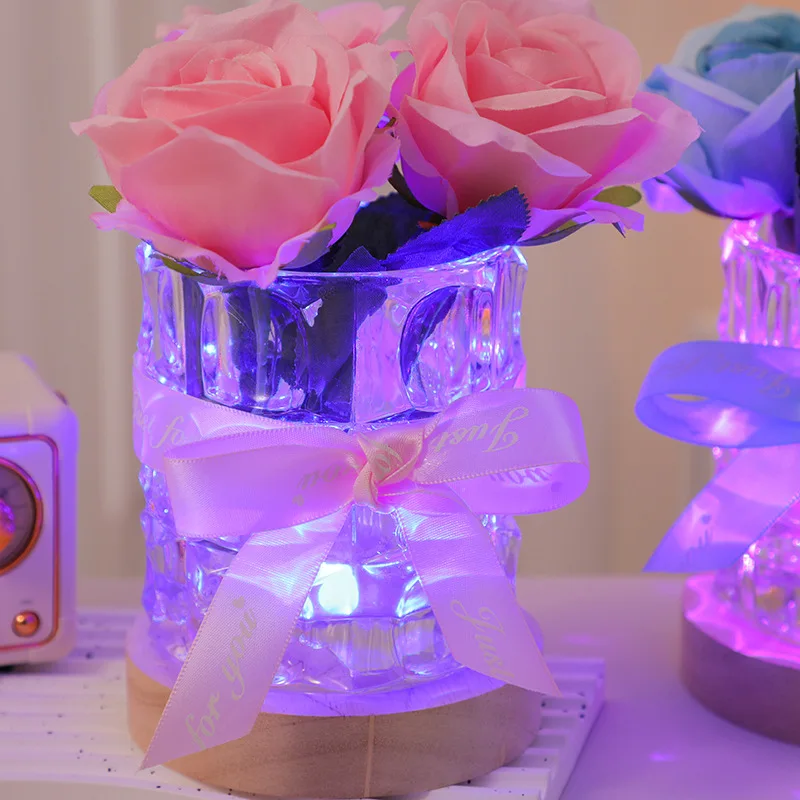 Customized Rose Glass Lamp with Light, Solid Wood Base, Living Room Bedroom Nightstand Decoration Ornament, Birthday