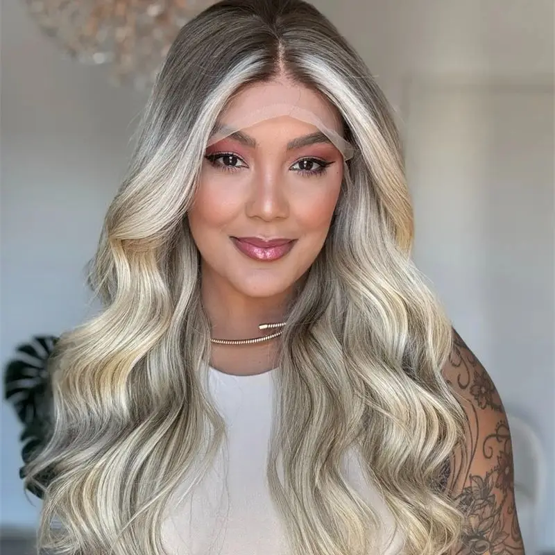Glueless Preplucked Hairline Women's Wig Ombre Platinum Blonde Balayage Luxury Synthetic Lace Front Wig Natural Body Wave Wig