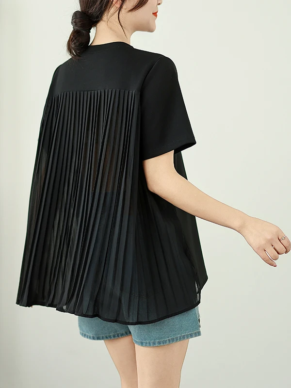 ort Sve T-irt レディース 夏新作 韓国風 ラウンドネック バルーンプリント シフォン プリーツ スプライシング 細見えトップス