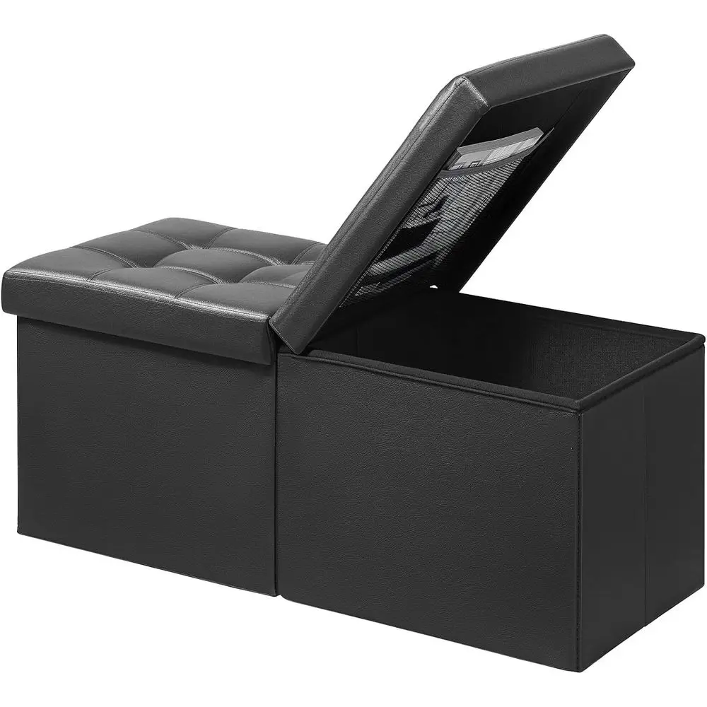 Ottoman Bench with Storage, 34 Inch Black Leather Stool, Coffee Table, Padded Seat, Storage Chest, Blanket Storage with Lifting