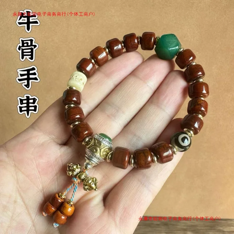 ヤクの骨製のチベット風シングルループ手持ちブレスレット、男女兼用、富と幸運をもたらします。