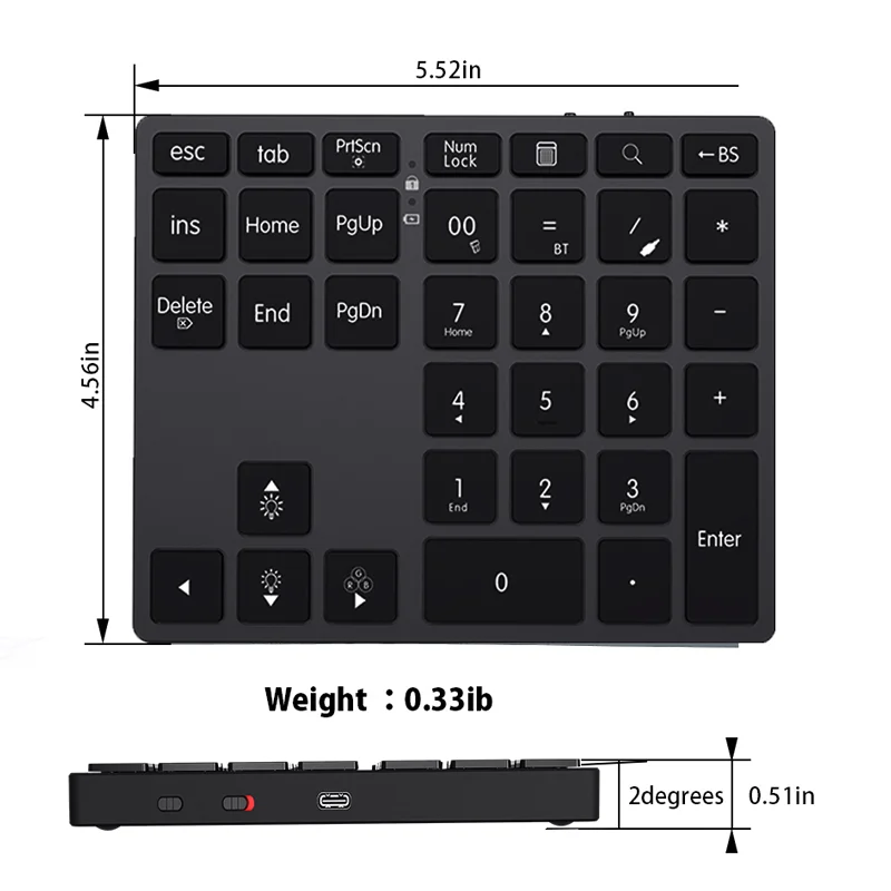 JOMAA 2.4G Bluetooth Numeric Keypad Wireless Rechargeable Numpad Keyboard for iPad Laptop Wired Number Keyboard