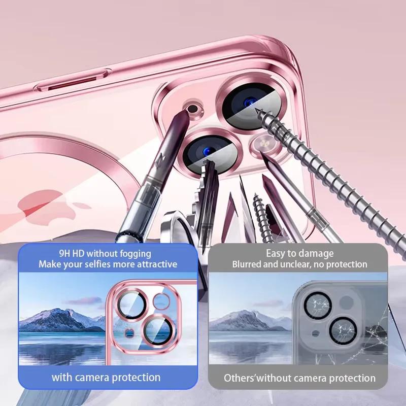 Clear Plating Ultrathin Silicone Case For iPhone 16 15 14 13 12 11 Pro Max 16 Plus Magsafe Magnetic Lens Film Protect Cover Pink - náhled 3