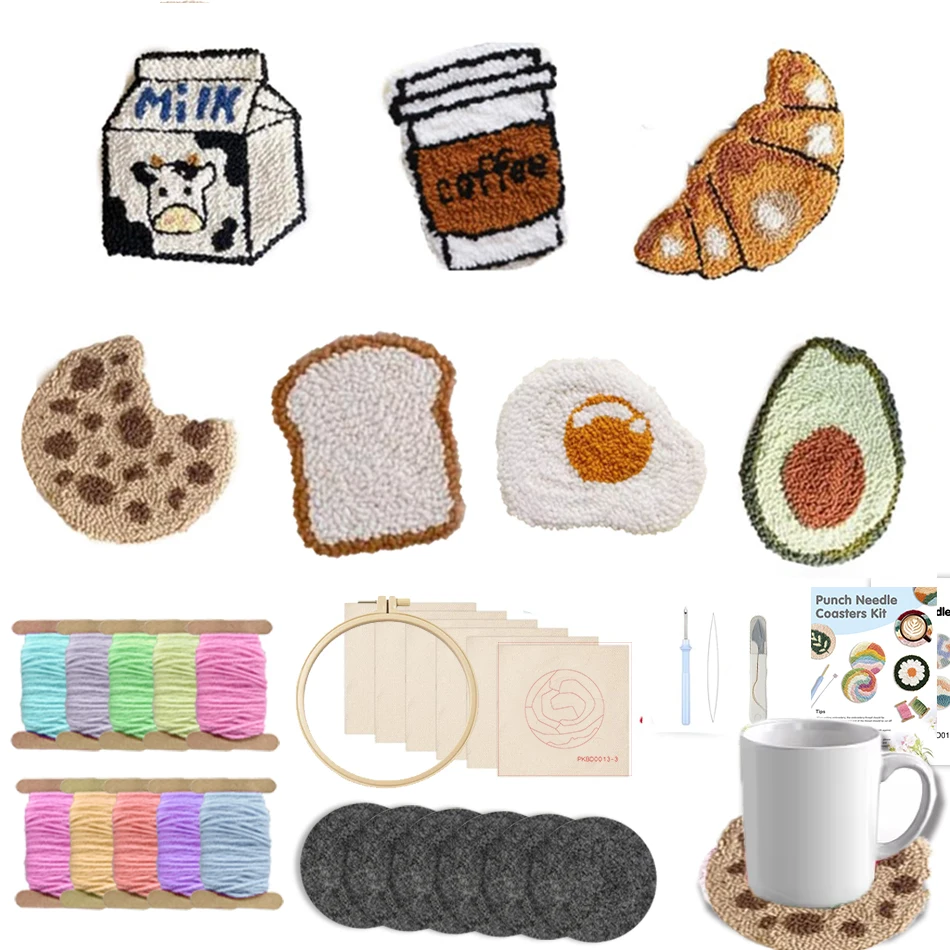 7pcs Breakfast Punch Needle Embroidery Coaster Set Coffee Cup Mat Punch Needle Embroidery Set Tufting Coaster Art and Crafts
