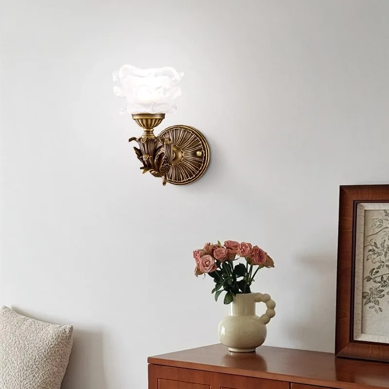 

Vintage bedside lamp French full copper living room background wall lamp Bedroom corridor corridor decorative lamp