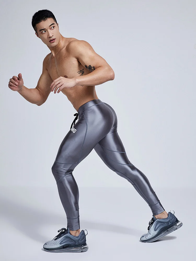 Futurism Glossy Tight Fitness Running Pants Men\'s Leggings Silver Training Joggers Clothing Sweat Trousers