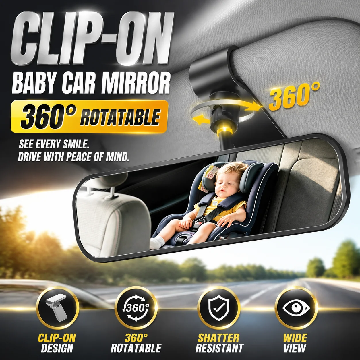 Baby Car Mirror 360-Degree Adjustable Clip-On Sun Visor Wide Angle Shatterproof Rearview Mirror Child Safety Back Seat Monitor
