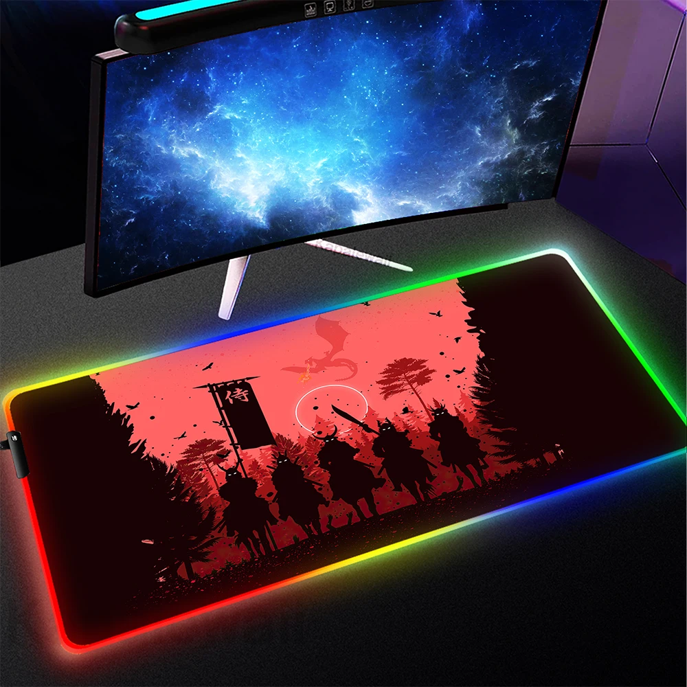 

Japanese Samurai Game RGB Mousepad Large Mouse Pad Gamer Mouse Mat Backlit Desk Mats Gaming LED Table Carpet Pads XXL 100x50cm