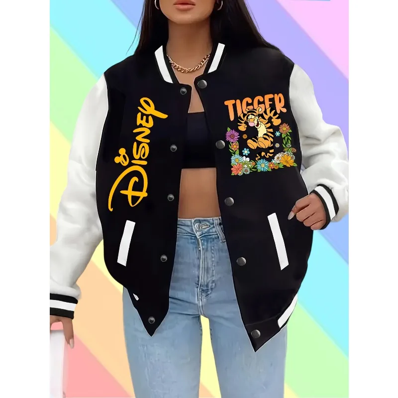 

Disney Tiggo in Floral Print Baseball Jacket for Women, Y2K Autumn/winter Hot Casual Unisex Streetwear